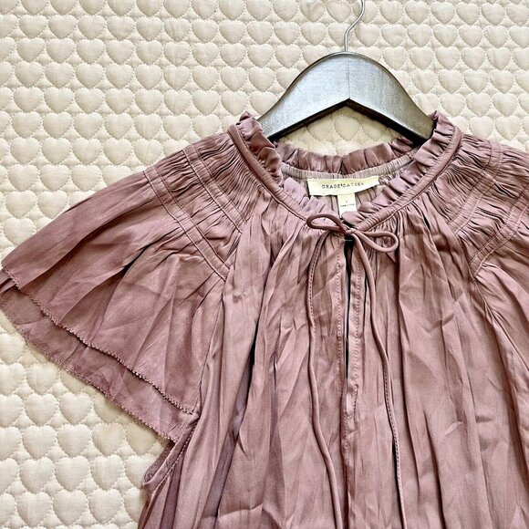 GRADE & GATHER V-NECK SATIN RUFFLE Midi DRESS IN DUSTY ORCHID Size L - Picture 8 of 13